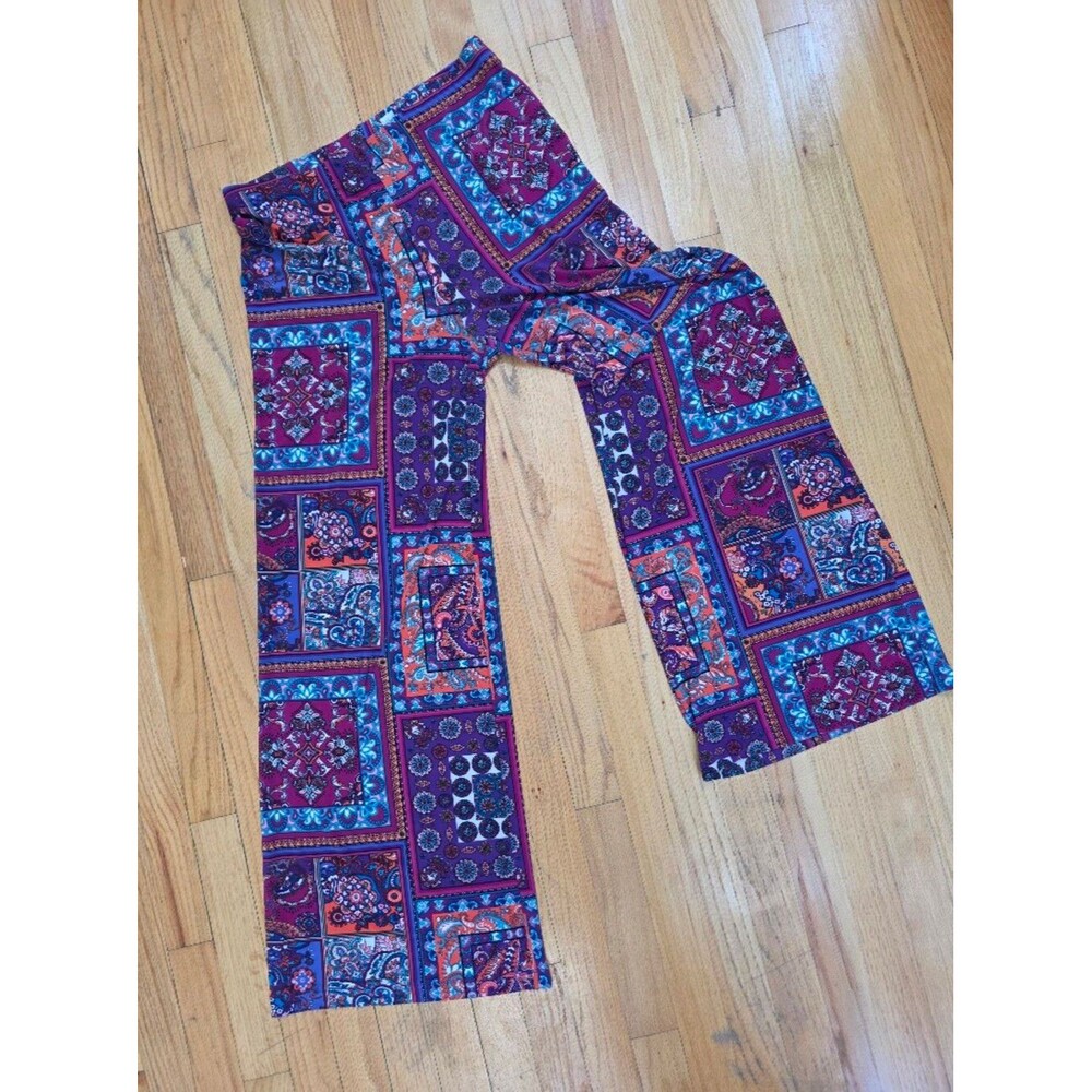 Chicos Womens Boho Wide leg Pants Purple Pink Liquid Knit Jersey Geometric Sz 1